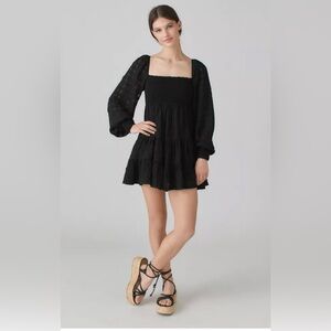 Urban Outfitters L Black Smocked Bodice Babydoll Mini Dress With Tiered Skirt